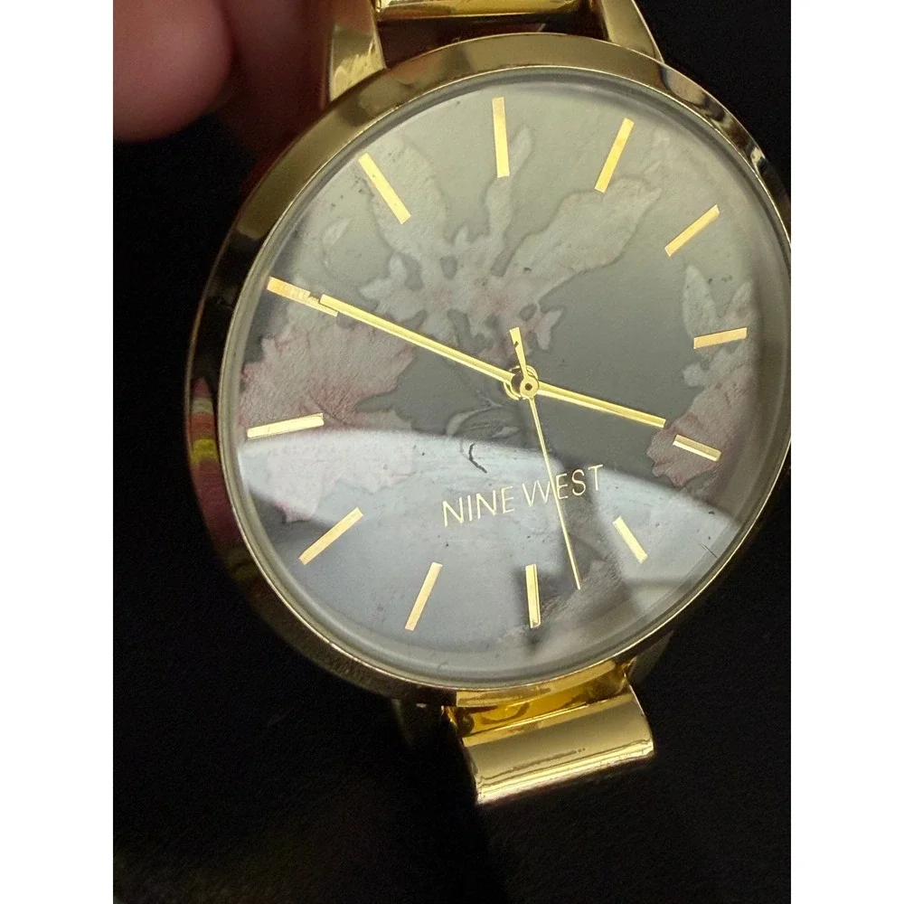 Nine West Watch Womens Black Gold Tone Floral